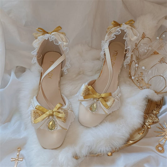 xiangtuibao Retro Court Style Lolita Cosplay Flower Wedding Girl Gorgeous Square Head Lace Ruffled Bow Gem Pearl 4.5cm High Heeled Shoes