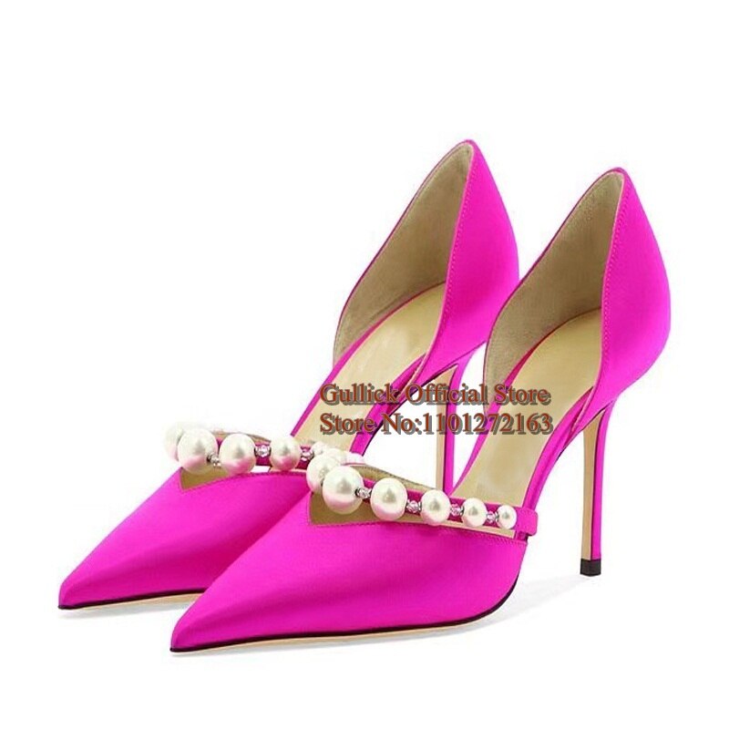 xiangtuibao White Pearl Chain Strap High Heel Shoes Pink Satin V Cut Pointed Toe Shallow Wedding Bride Shoes Slip On Shallow Women Pumps