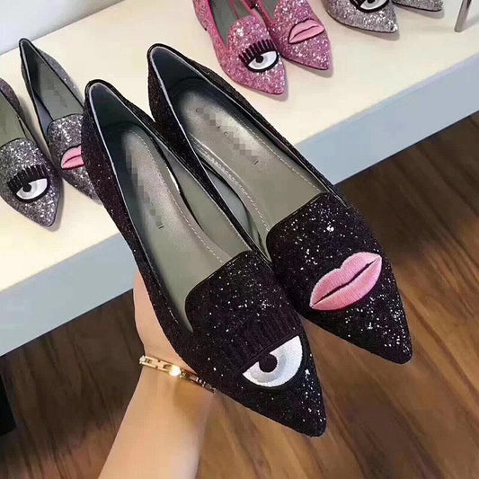 Spring and Autumn New Pointed High Heels Women's Thick Heel Eye Lip Sequin Shallow Mouth Women's Shoes