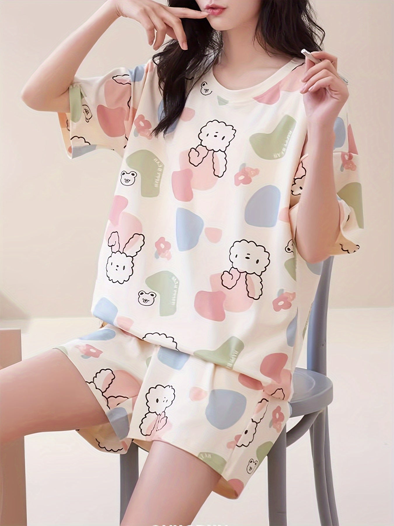 Lightweight & Stylish Womens Rabbit Print Pajama Set - Short Sleeve, Round Neck Tee & Pocket Shorts, Color Block Sleepwear for Casual Nights