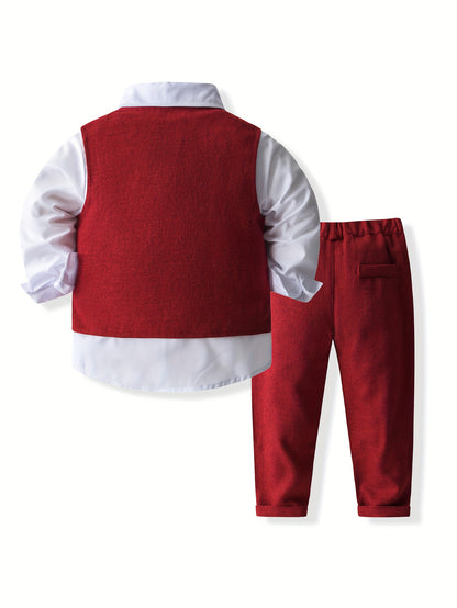 Stylish Gentleman Suit Set - V-Neck Vest, Long Sleeve Shirt, Long Pants, Bow Tie - Solid Color Polyester Blend Outfit for Boys' Formal All-Season Celebrations, Parties, and Special Occasions