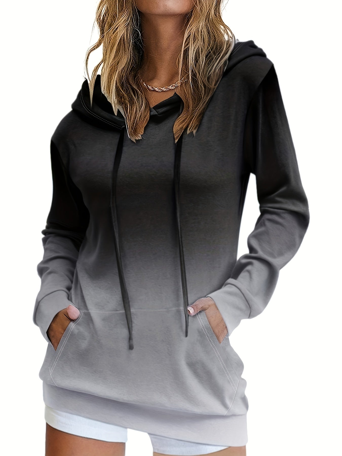 Trendy Ombre Kangaroo Pocket Hoodie - Soft Casual Long Sleeve Drawstring Sweatshirt with Relaxed Fit, Cozy Fabric, and Stylish Color Gradient - Perfect for Women's Everyday Wear