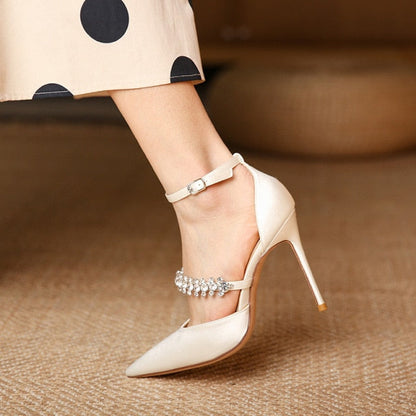 Banquet High Heels Women's  New Spring and Autumn Pointy Thin Bow Baotou Rhinestone Shoes