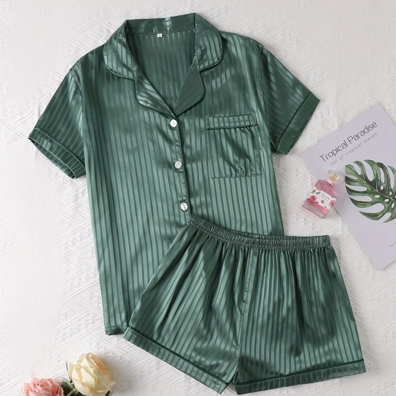 Luxurious Striped Satin Pajamas Set - Short Sleeve Button Top & Soft Shorts - Womens Comfy Sleepwear & Lounging Elegance for a Chic Nighttime Experience