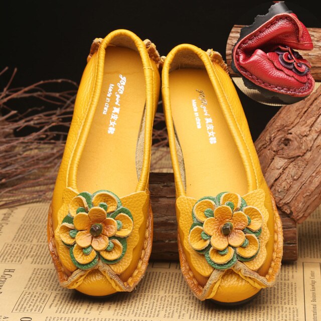 xiangtuibao   New Arrival Designer Vintage Mother Summer Loafers Womens Genuine Leather Flats Flower White Leather Shoes Woman Flats