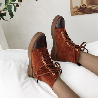 New Trendy Women's Boots Round Toe Flat Lace-up Ankle Boots ботинки женские осень Suede PU Spliced Soft Sole Casual Shoes Women