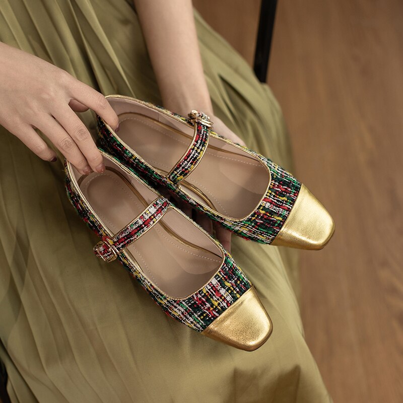 xiangtuibao Women Flats Square Toe Special Material Mary Janes Patchwork Women’s Design Flats With Buckle Ladies Shoes Sweet Footwear