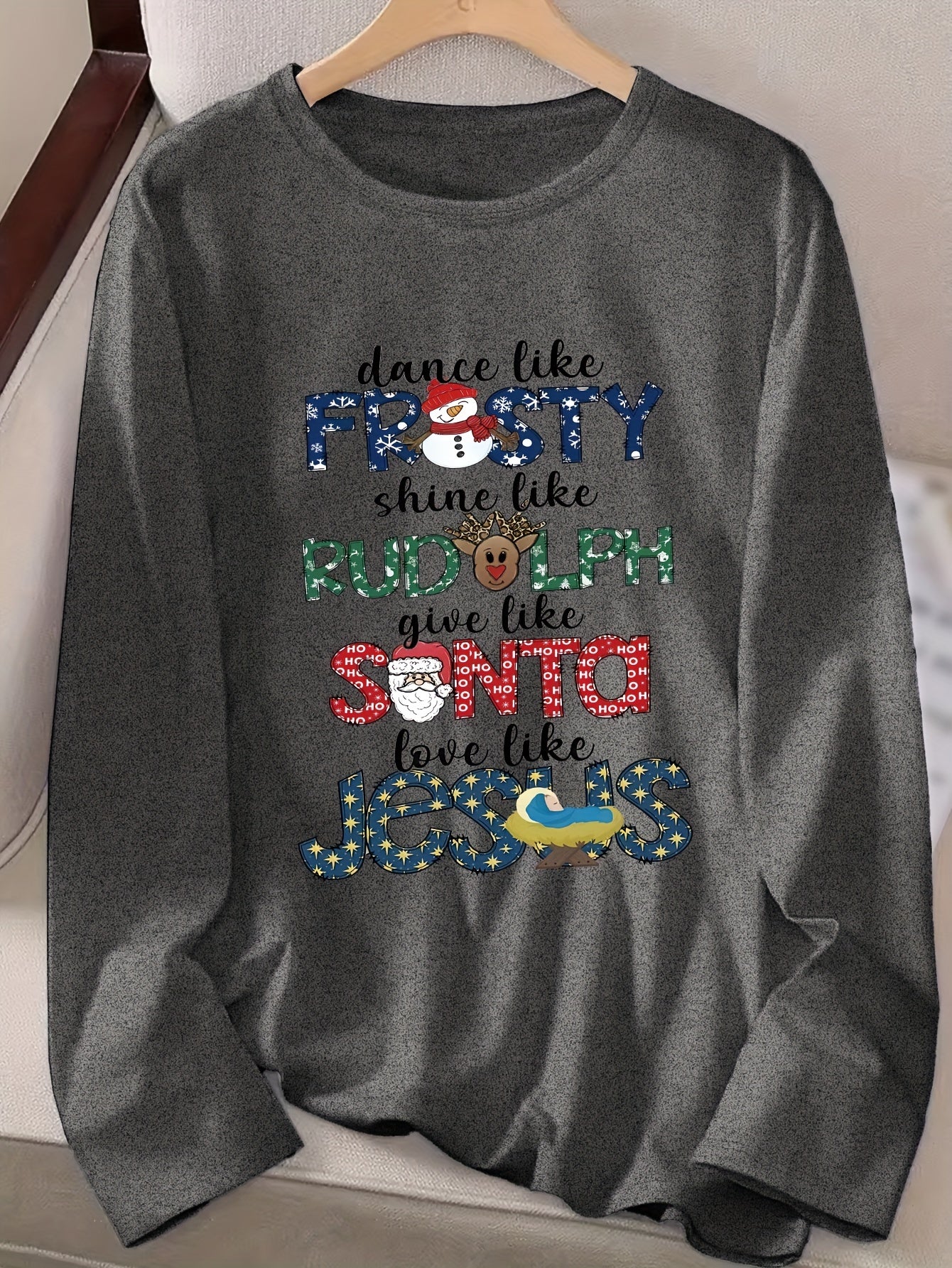 1pc Women's Christmas Print Long Sleeve T-Shirt, Casual Round Neck Polyester Top with Regular Fit and Straight Sleeves, Festive Holiday Tee with Embroidery Detail