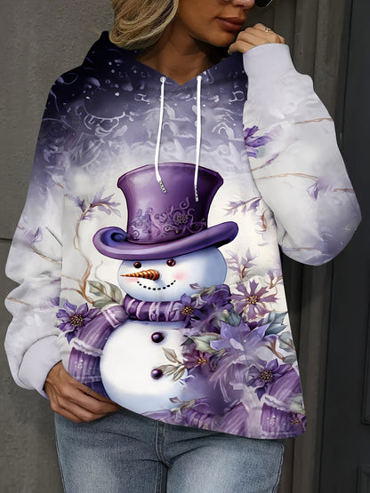 Cozy Festive Christmas Snowman Hoodie - Soft Knit Fabric, Adorable 3D Printed Design, Purple Christmas Theme, Spacious Pockets, and Stylish Hood for Women - Perfect for Cold Winter Days and Holiday Parties