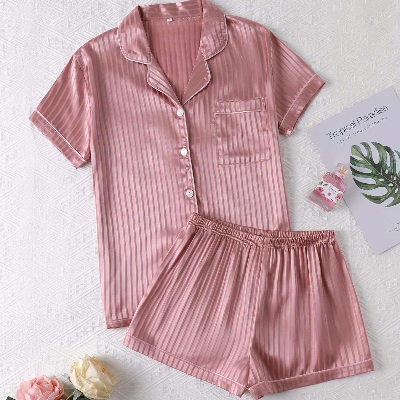 Luxurious Striped Satin Pajamas Set - Short Sleeve Button Top & Soft Shorts - Womens Comfy Sleepwear & Lounging Elegance for a Chic Nighttime Experience