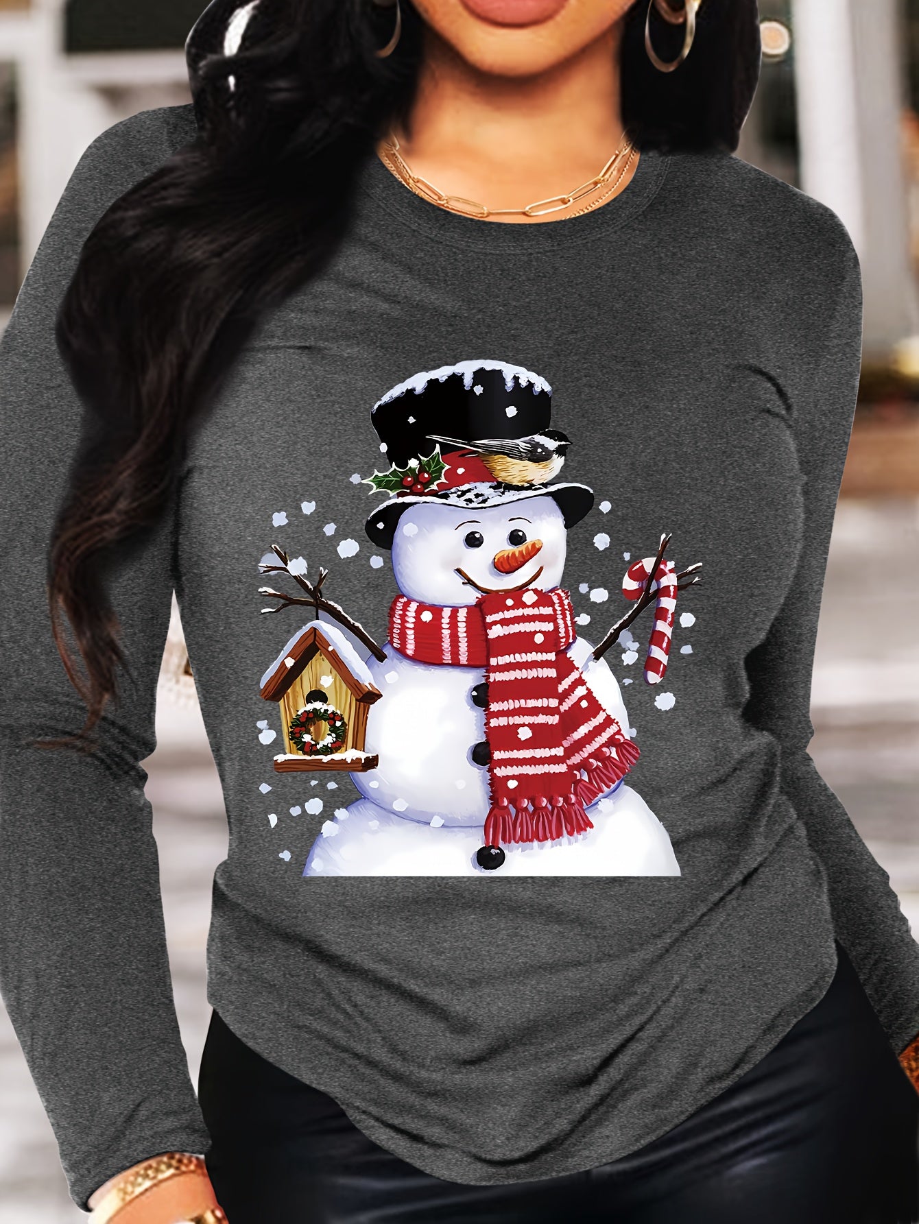 Long Sleeve Christmas Snowman Print T-shirt, Crew Neck Casual Top For Spring & Fall, Women's Clothing