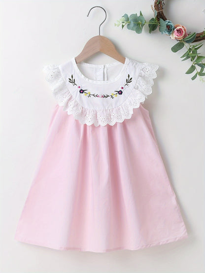 Adorable Girls Lace Dress with Delicate Collar - Charming Floral Embroidery, Soft Cotton, Comfort Fit, Sleeveless Design - Perfect for Little Fashionistas