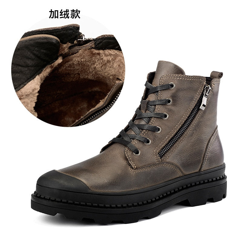 xiangtuibao  New Men's Casual Martin Boots Leather Work Shoes Plus Velvet Men's Boots Toe Layer Cowhide British Trendy Shoes Boots