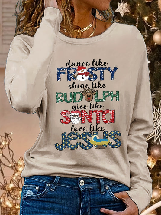 1pc Women's Christmas Print Long Sleeve T-Shirt, Casual Round Neck Polyester Top with Regular Fit and Straight Sleeves, Festive Holiday Tee with Embroidery Detail