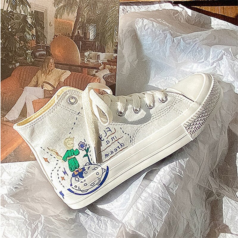 xiangtuibao High Top White Canvas Shoes Women's Sneakers Graffiti Hand Painted Cute Style Woman Student Vulcanized Shoes Woman Spring