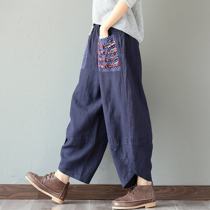 xiangtuibao Can Be Shipped  Factory Direct Sales Spring Ethnic Style Patchwork Cotton Linen Wide Leg Pants Loose Women's Pants