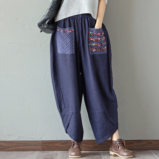 xiangtuibao Can Be Shipped  Factory Direct Sales Spring Ethnic Style Patchwork Cotton Linen Wide Leg Pants Loose Women's Pants