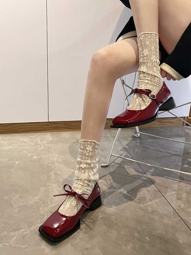 xiangtuibao Sweet Date Red Mary Jane Pumps Lady Square Head Chunky Heel Shoes Spring Bowknot High Heels Women Retro Sweet Leather Shoes