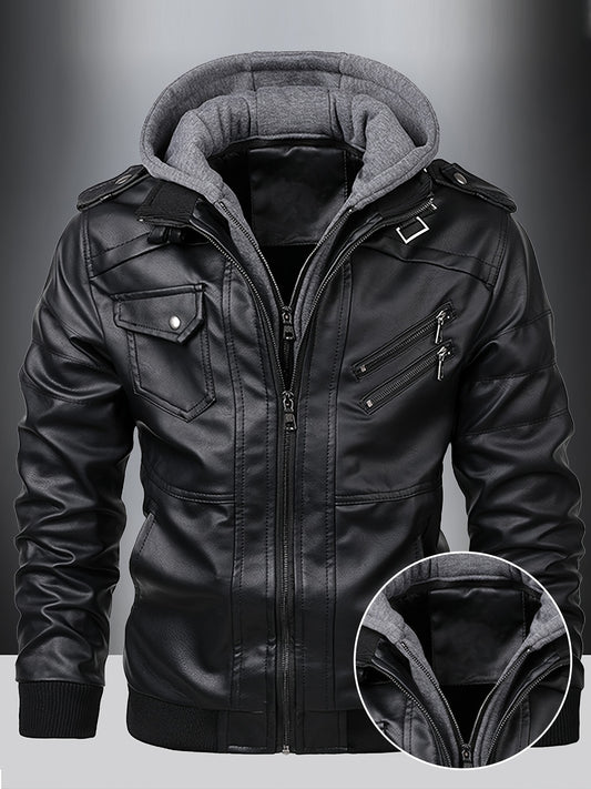 Mens Fashionable Hooded Jacket - Faux Leather, Utility Pockets, Versatile for All Seasons