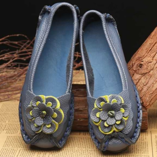 xiangtuibao   New Arrival Designer Vintage Mother Summer Loafers Womens Genuine Leather Flats Flower White Leather Shoes Woman Flats