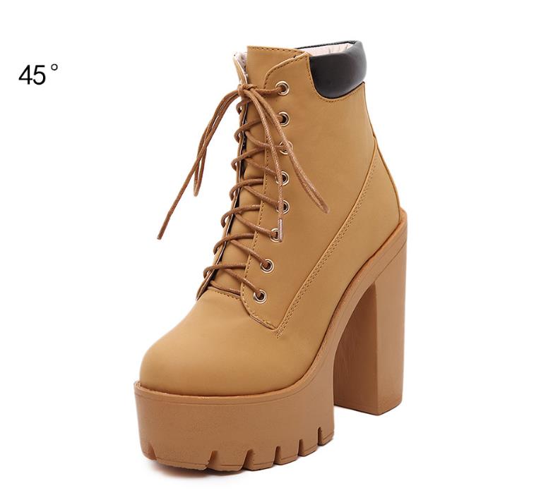 Spring Autumn Women Lace Up Platform Shoes Pu Leather Ladies High Heel Ankle Boots Female Motorcycle Boots Casual Footwear