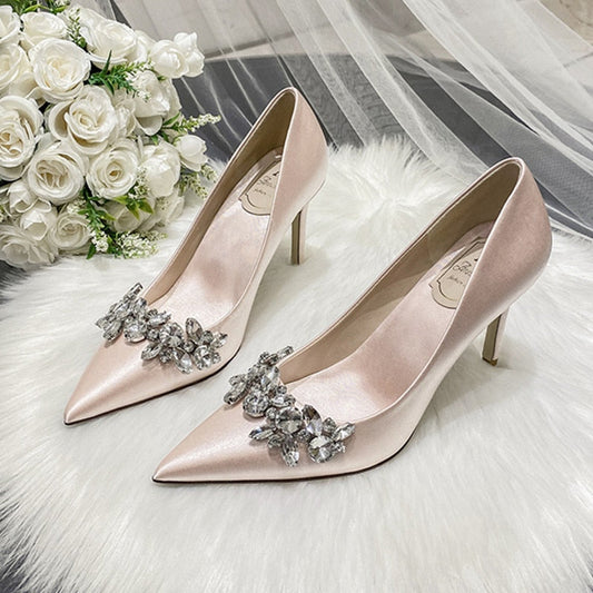 xiangtuibao  Wedding Shoes Crystal Bridal Shoes Champagne Color Satin Dress Bridesmaid Shoes White High Heels Shoes Women Heels Pumps