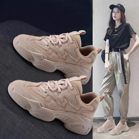Casual Mesh Platform Sports Shoes Leather Breathable Woman Sneakers  Spring Women's Shoes Lace Up Zapatos De Mujer Beige