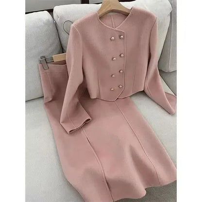 UNXX Women Skirt Suits Office Lady Tweed Set O Neck Button Cropped Jackets Bodycon Long Skirt Elegant Female 2 Pieces Sets Women 240109