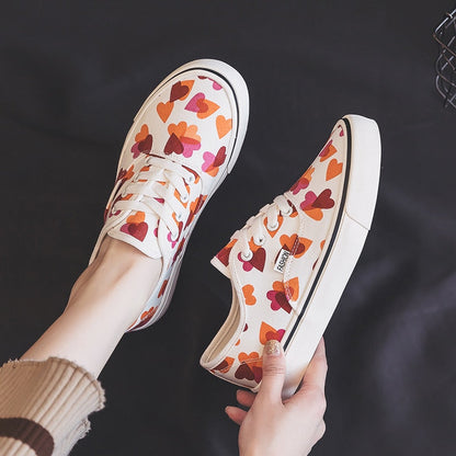 Hight-top Canvas Shoes Chic Women's  New Style White Shoes Spring Korean-style Girls Heart Sneakers 35-40 High Low Lace Up