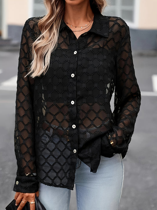 Plus Size Elegant Collar Jacquard Blouse - Comfortable Long Sleeve Button-Down with Relaxed Fit - Perfect for Spring, Womens Plus Size Clothing