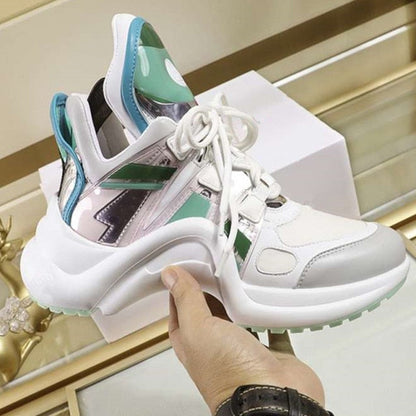 Genuine Leather Arched Sneakers Women Lace Up Fashion Brand Shoes Casual Walking Reflective Shoes Mixed Colors Trainers Sneakers