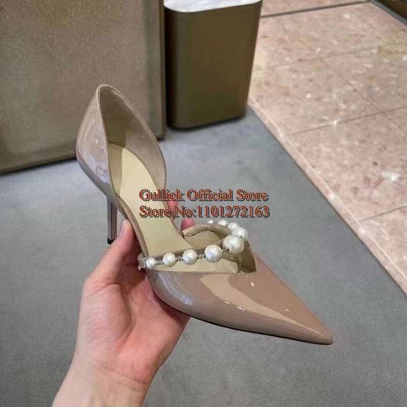 xiangtuibao White Pearl Chain Strap High Heel Shoes Pink Satin V Cut Pointed Toe Shallow Wedding Bride Shoes Slip On Shallow Women Pumps