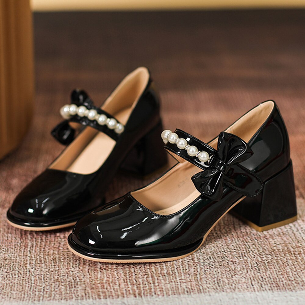 Autumn Mary Janes Women Shoes High-heeled Women Pumps Square Toe Pearl Bow Single Shoes Female High Heels Chunky Shoes cx625