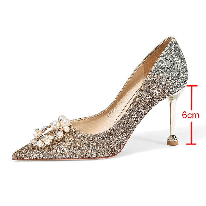 Rimocy Fashion Glitter Thin Heels Pumps Women Slip-on Elegant Pearl Buckle Wedding Shoes Woman Pointed Toe High Heel Party Shoes