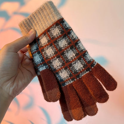 1 Pair Gingham Print Knitted Gloves, Unisex Full Finger Warm Winter Gloves, Touch Screen Hand Warmer Gloves For Cycling Driving