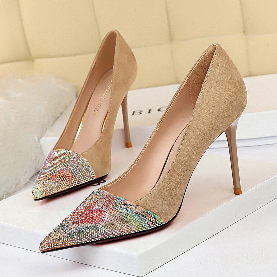 Sexy Nightclub Skinny High Heels Women's Shoes Thin Heeled Suede Shallow Mouth Pointed Color Matching Crystal Shoes