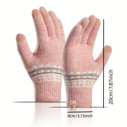 1 Pair Snowflake Pattern Winter Gloves, Full Finger Elastic Knitted Gloves