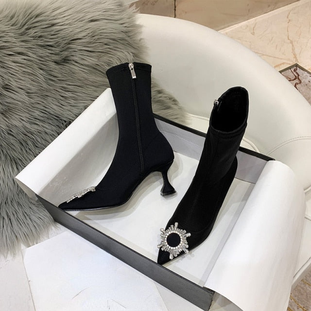 xiangtuibao  European and American Style Wineglass Heel Women's Ankle Boots  New Elastic Thin Boots Sun Buckle Rhinestone High Heel Boots