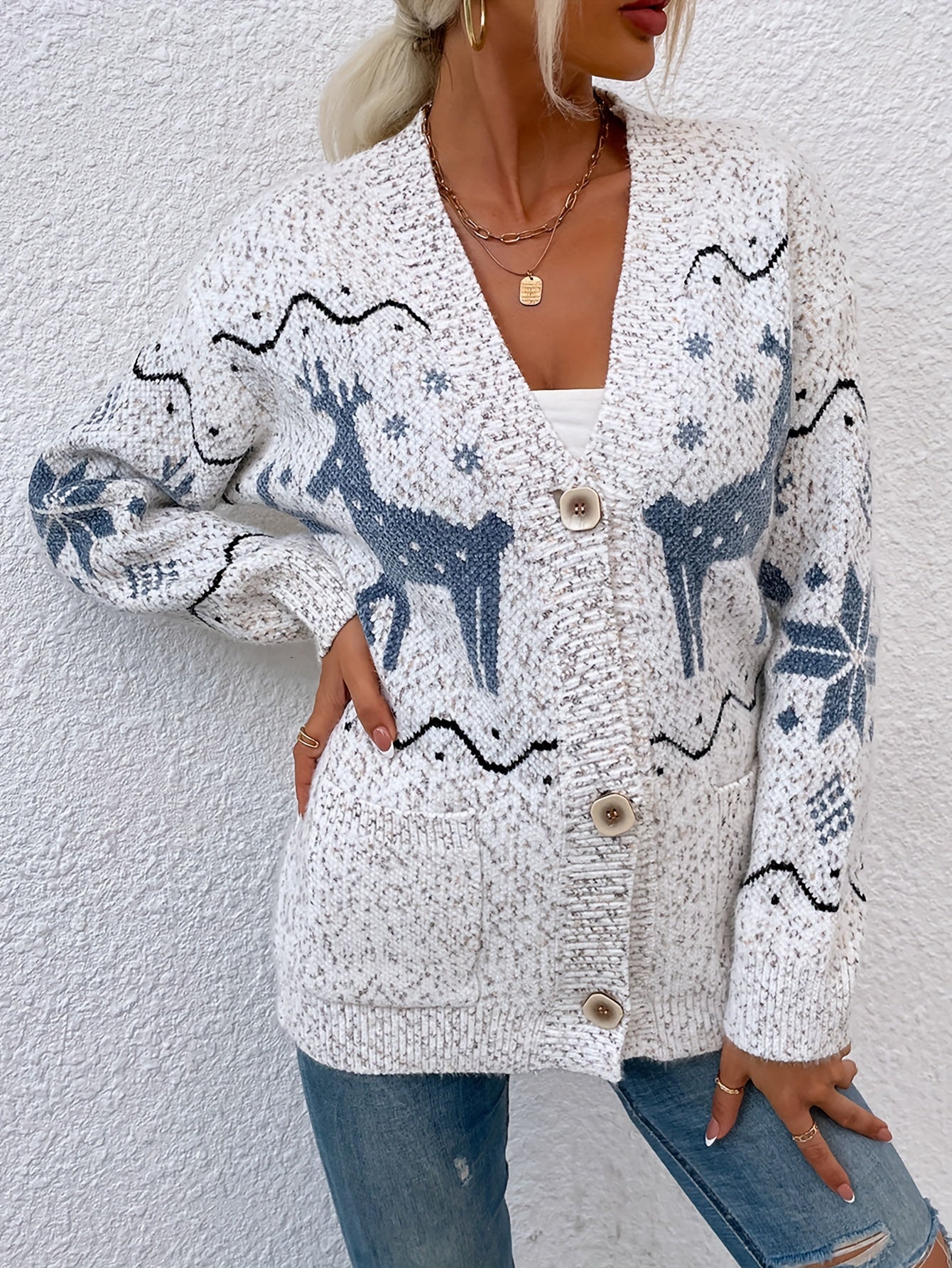 Long Sleeve Deer Pattern Drop Shoulder Cardigan for Fall & Winter, Elegant Women's Clothing