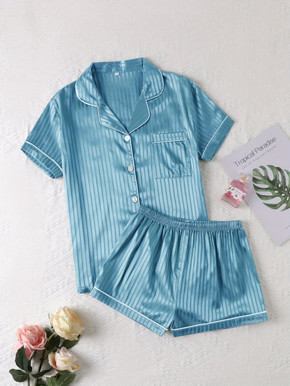 Luxurious Striped Satin Pajamas Set - Short Sleeve Button Top & Soft Shorts - Womens Comfy Sleepwear & Lounging Elegance for a Chic Nighttime Experience