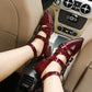 xiangtuibao Plus Size Pointy Shiny Patent Leather Wine Red Low-Heeled Women's Pumps Four-Row Metal Belt Buckle Mary Jane Shoes