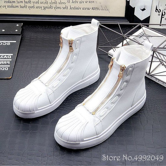 Designer New Men's Glossy Double Zippers Casual Flats High Top Shoes Zapatos Hombre Walking Out Of Office Sneakers Ankle Boots