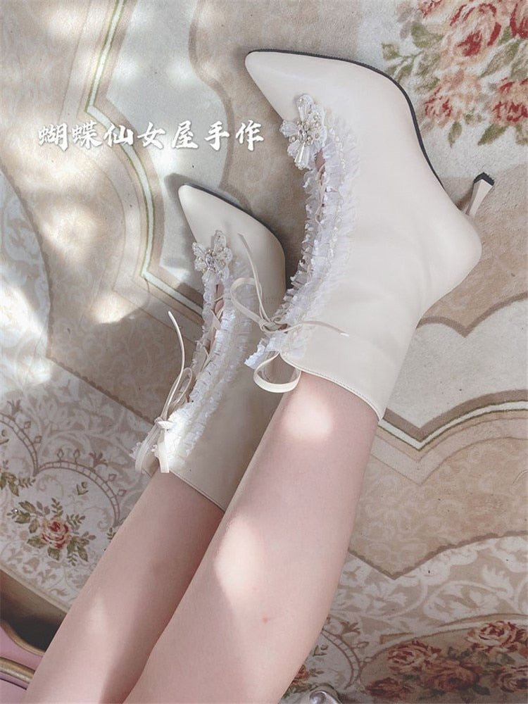 Vintage Lolita Boots Lace Up Stiletto High Heel 7cm Sweet Lady Loli Short Boot Female Palace French Princess Lolita Women Shoes