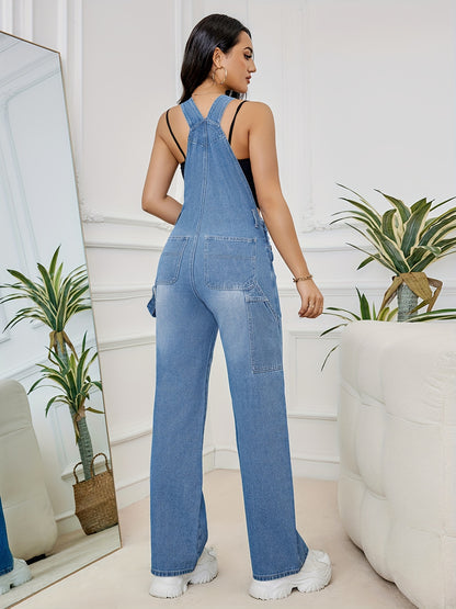 Plain Washed Blue Loose Fit Casual Denim Overall Dungarees, Women's Denim Jeans & Clothing