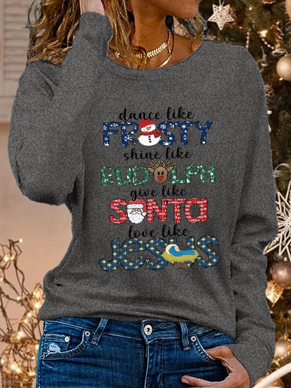 1pc Women's Christmas Print Long Sleeve T-Shirt, Casual Round Neck Polyester Top with Regular Fit and Straight Sleeves, Festive Holiday Tee with Embroidery Detail