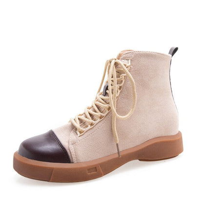 New Trendy Women's Boots Round Toe Flat Lace-up Ankle Boots ботинки женские осень Suede PU Spliced Soft Sole Casual Shoes Women