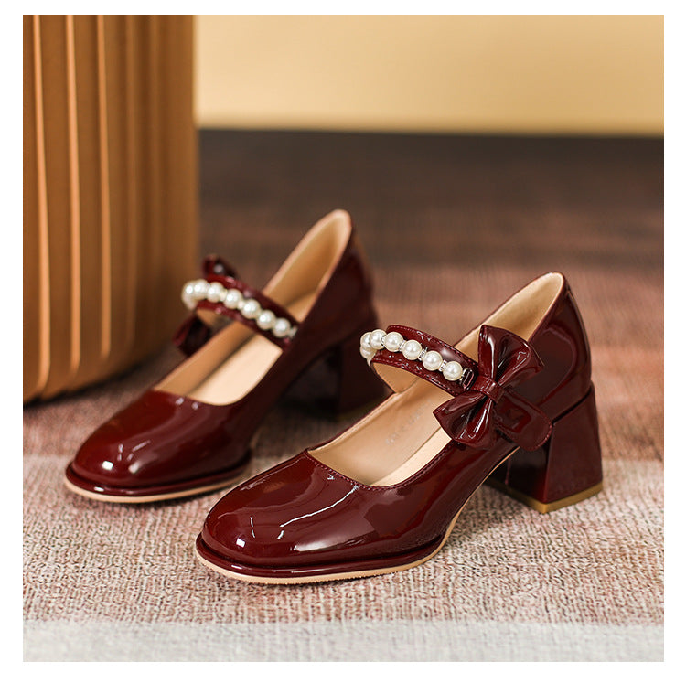 Autumn Mary Janes Women Shoes High-heeled Women Pumps Square Toe Pearl Bow Single Shoes Female High Heels Chunky Shoes cx625