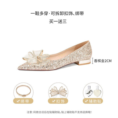 xiangtuibao Strap Wedding Shoes Women's Flat Bottomed Main Dress Wearing Pregnant Women's Low Heel Bride's Shoes Not Tired Feet High Sense