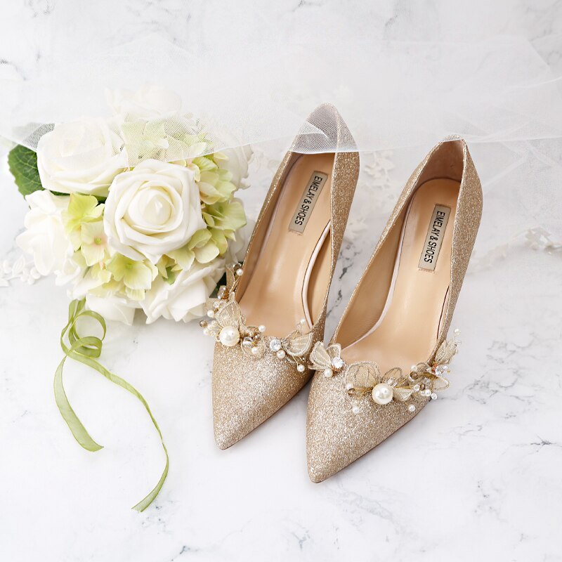 xiangtuibao Golden Bride Pumps Sequined Wedding Shoes Dress Bridal Annual Meeting Banquet Genuine Leather Date Party 9cm High Heels