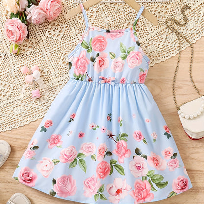 Knee-High Loose Fit Off the Shoulder Floral Print Slingback Dress for Girls - Machine Washable, Non-Stretch Polyester, Strapless, Sleeveless, Casual Style for Spring/Summer/Fall - Perfect for Ramadan and Wedding Occasions